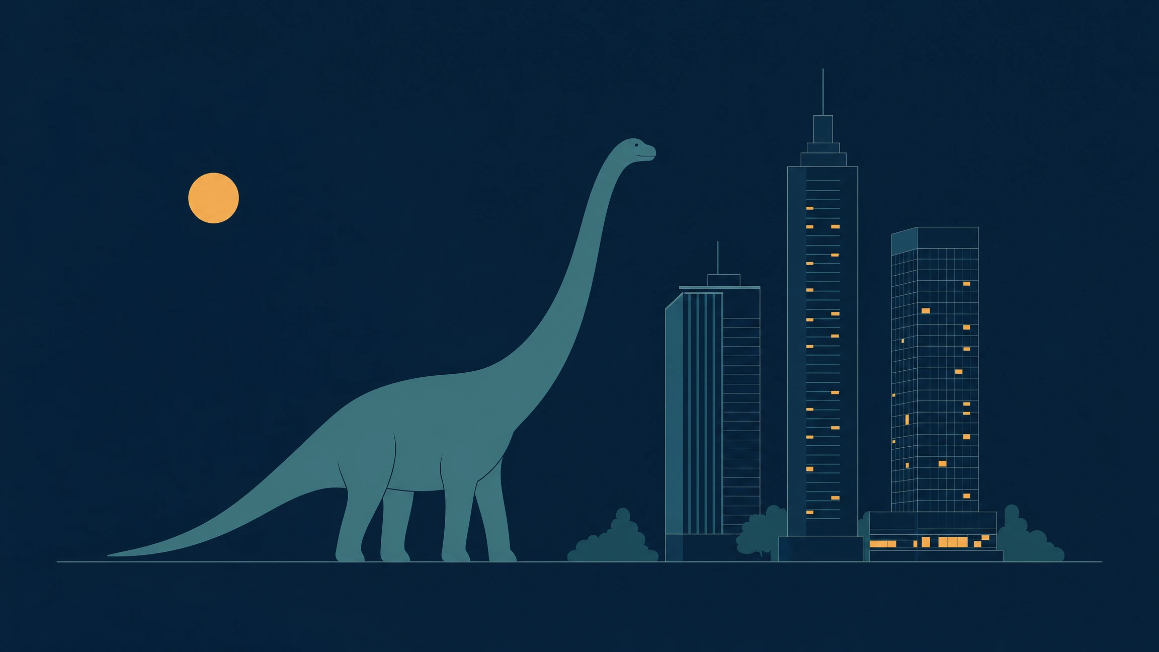 Minimalist editorial illustration of a dinosaur silhouette beside modern city buildings