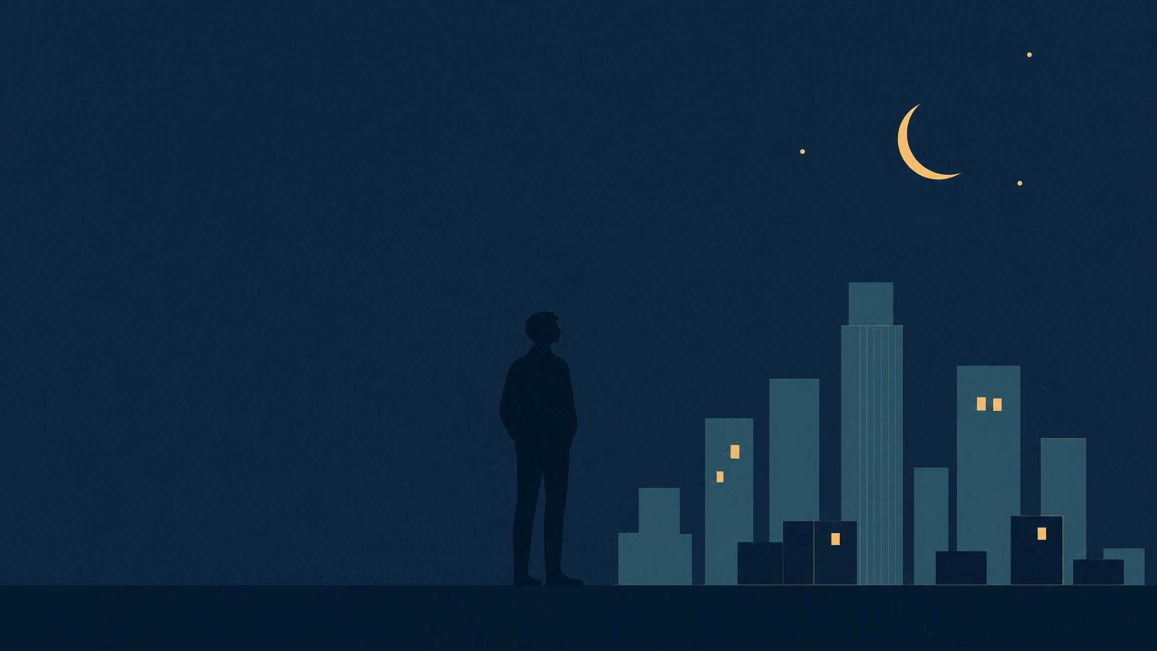 Minimalist editorial illustration of a person awake at night beside an active city skyline
