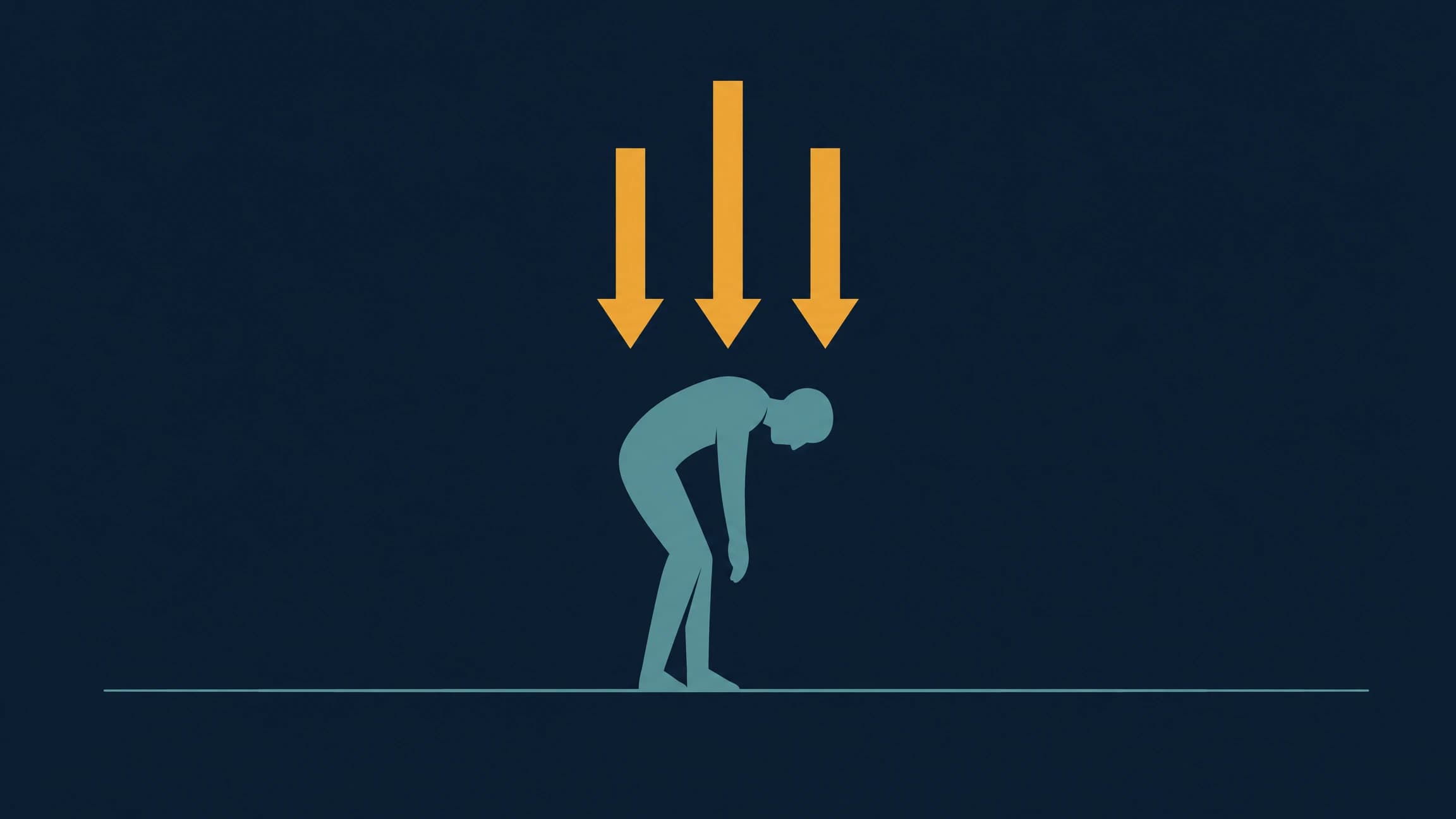 Minimalist editorial illustration of a person pressed down by doubled gravitational force